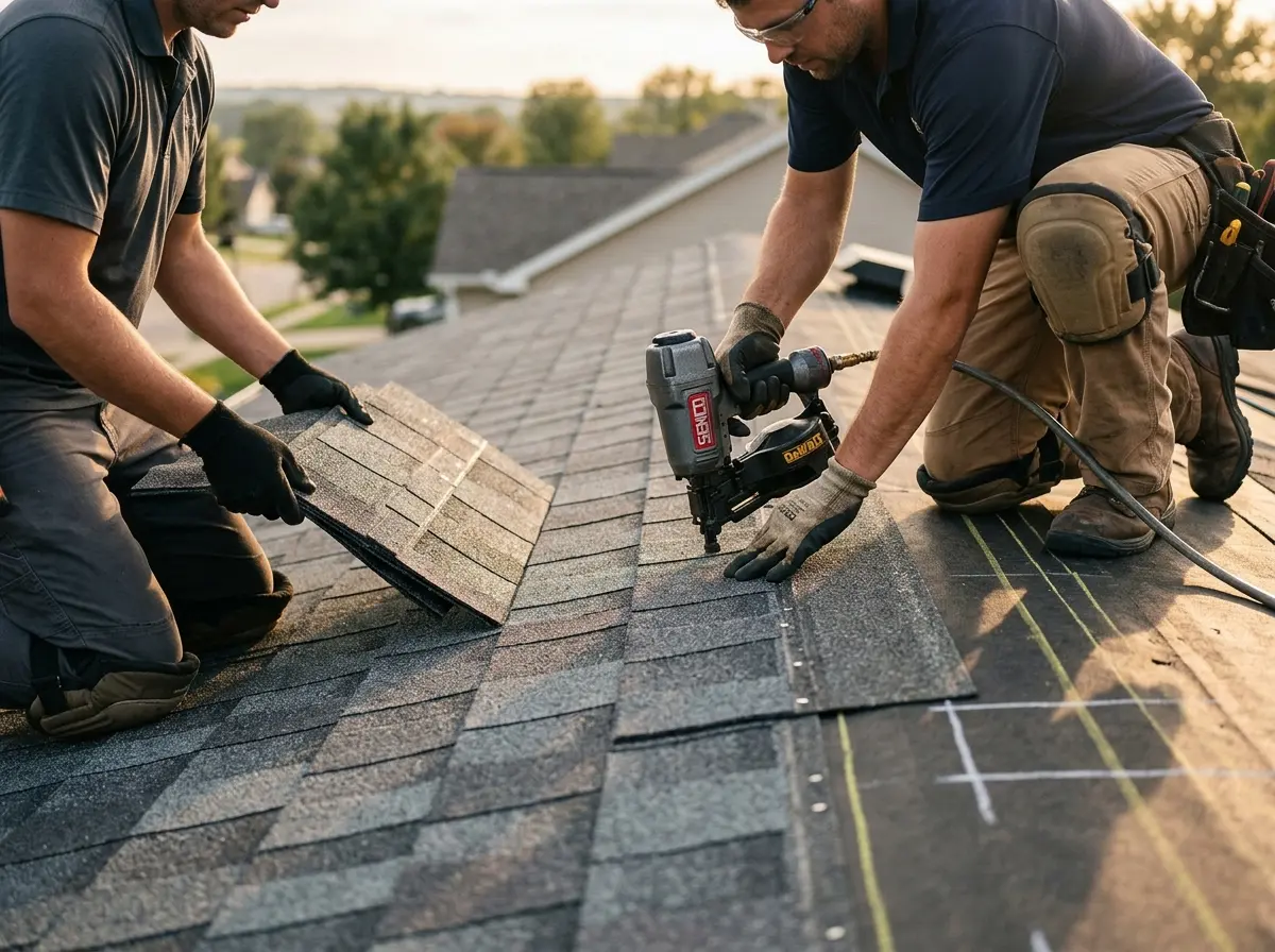Professional roofer working on a residential roof in Fulton